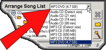 Shows drop down allowing you to select between Audio CD and MP3 CD mode, as well as the CD/DVD size